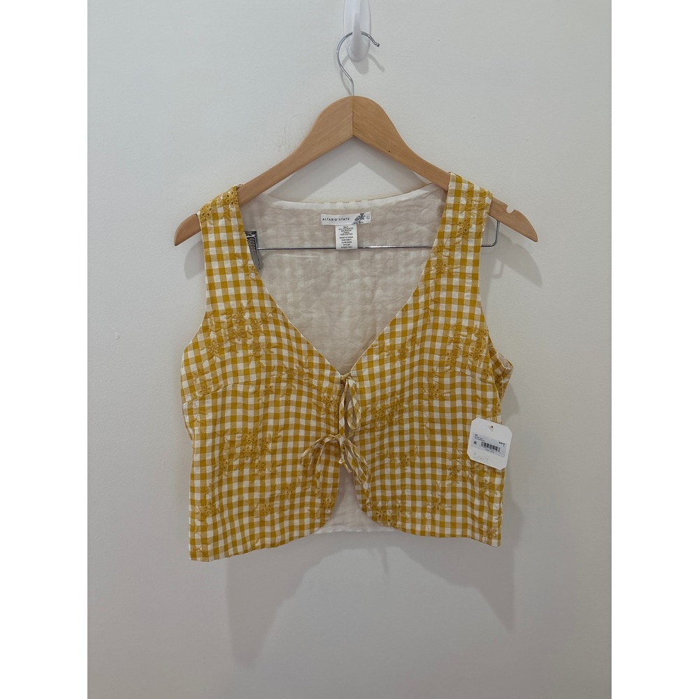 Altar'd State Gingham Floral Embroidered Tie Front Vest Top Yellow White